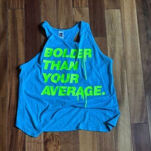 Zumba Blue Tank Top with Bold Neon Green Text